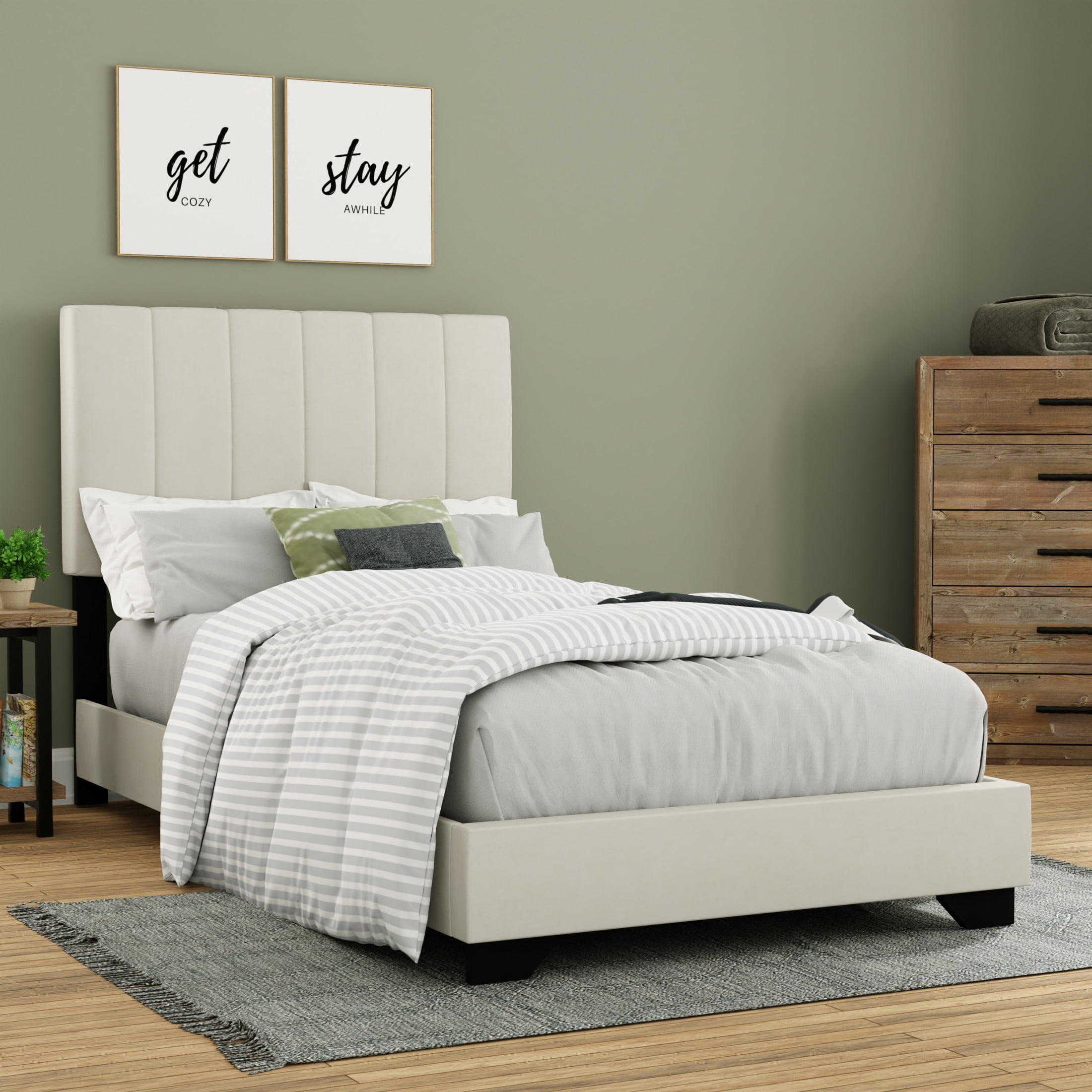 Reece Channel Stitched Upholstered Twin Bed, Ivory, by Hillsdale Living Essentials