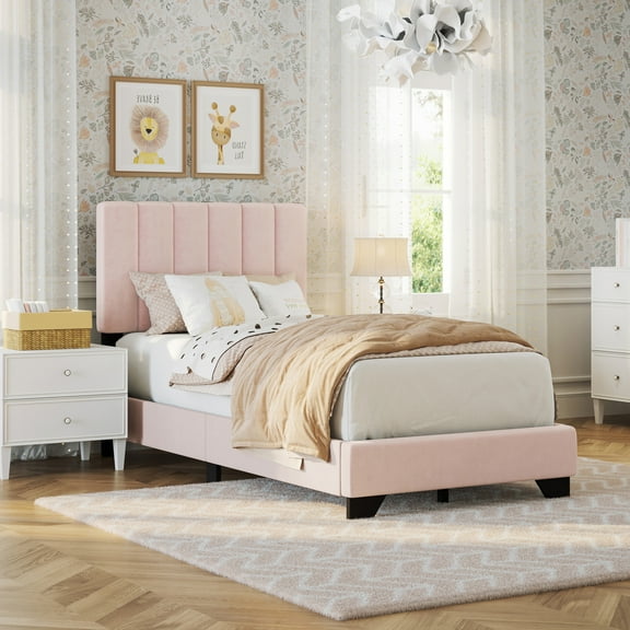 Reece Channel Stitched Upholstered Twin Bed, Light Pink, by Hillsdale Living Essentials