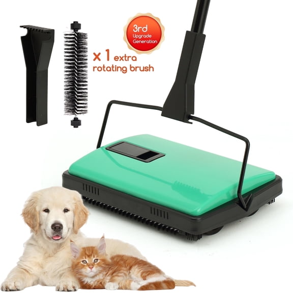 Reecoo Upgraded Carpet Sweeper Manual - Non-Electric Push Broom for Low-Pile Carpets & Rugs, L Size, Green