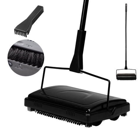 Reecoo Non-Electric Manual Carpet Sweeper with Bristle Brush and Roller Broom for Low Pile Carpets，Black
