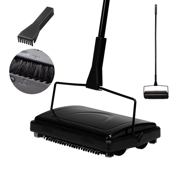 Reecoo Non-Electric Manual Carpet Sweeper with Bristle Brush and Roller Broom for Low Pile Carpets，Black