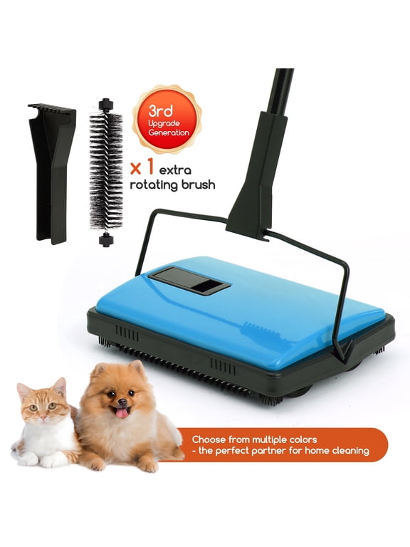 Carpet Sweeper Manual - Non-Electric Push Broom for Low-Pile Carpets & Rugs, L Size, Blue
