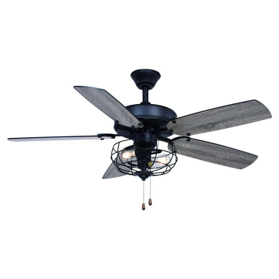Reed 48-in. Matte Black Farmhouse Ceiling Fan with LED Cage Light Kit and Pull Chains