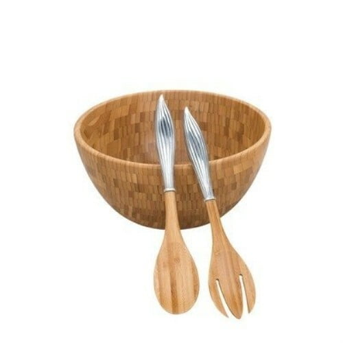 Reed & Barton 12-Inch Bamboo Garden Metal and Bamboo Wood Salad Bowl and Servers