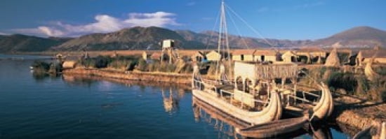 Reed Boats at the lakeside Lake Titicaca Floating Island Peru Canvas Art - Panoramic Images (36 x 13)
