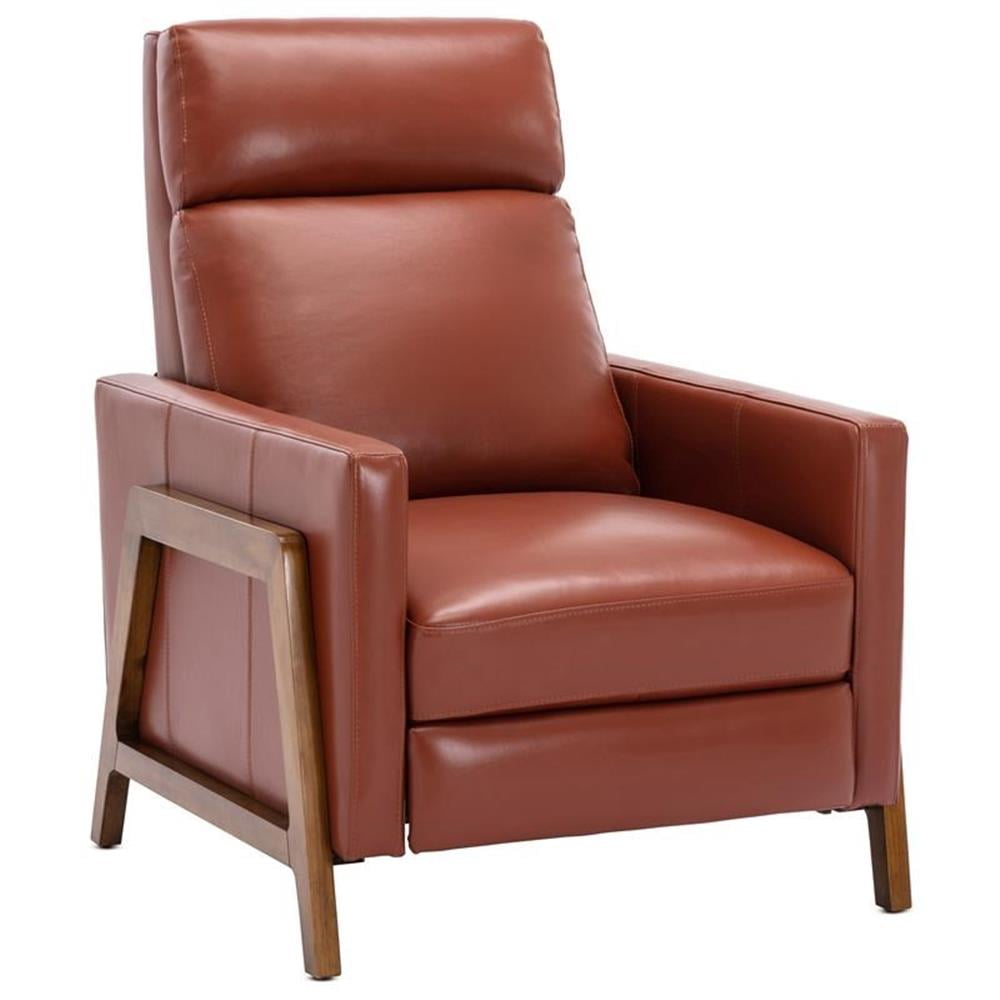 Modern Caramel Leather and Wood Push Back Recliner
