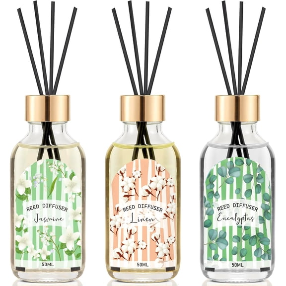Reed Diffuser of 3 Pack, Linen Eucalyptus Jasmine Oil Diffuser Set with 15 Sticks, Bathroom Air Freshener, Aromatherapy Reed Diffusers for Home, Office, 1.7 Fl. Oz Each, Total 5.1 Fl. Oz