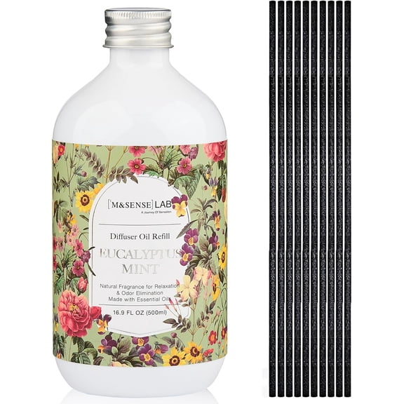 Reed Diffuser Oil Refill, 16.9oz (500ml) Eucalyptus & Mint Scent Home Fragrance with 10 Hollow Reed Sticks, Scented Oil Refills, Natural Essential Oils for Diffusers, Dcor for Home Spa Office