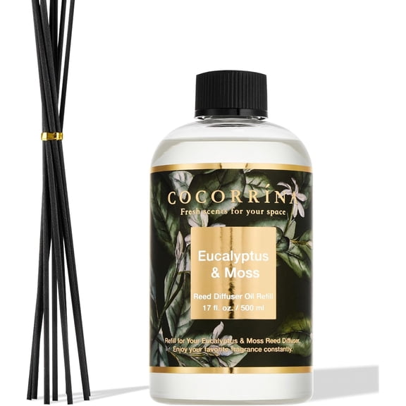 Reed Diffuser Refill Eucalyptus & Moss 17oz (500ml) with 8 Rattan Sticks - Premium Long-Lasting Essential Oil, Home Fragrance for Bedroom, Bathroom Home Decor
