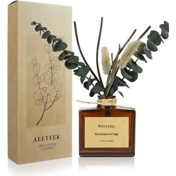 Reed Diffuser Sage & Eucalyptus Essential Oil Diffuser for Bathroom 3.4 oz Scented Diffusers Long-Lasting Fragrance for Decor with Dried Flowers