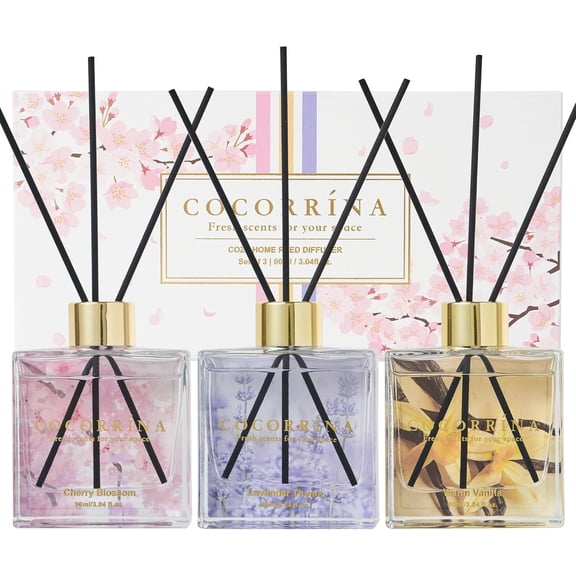 Reed Diffuser Set of 3-3 Pack/ 3.04 Fl.oz Diffuser with 24 Sticks Warm Vanilla/Cherry Blossom/Lavender Thyme Reed Diffuser for Home Bathroom Office Shelf Decor