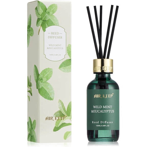 Reed Diffuser Set, 3.38 fl oz (100 ml) - Wild Mint&Eucalyptus Oil Diffusers with 8 Reed Sticks, Home Fragrance Reed Diffuser for Bathroom Shelf Decor