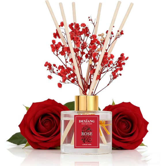 Reed Diffuser Set - 3.38 fl oz Rose Premium Scented Oil with Preserved Baby's Breath & Cotton 6 Sticks | Long-Lasting Aromatherapy for Home, Bedroom, Bathroom, Office Home Decor