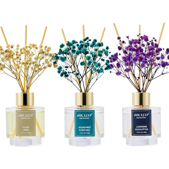 Reed Diffuser Set of 3,Clean Linen Ocean Mist&Sea Salt Lavender Eucalyptus Oil Reed Diffusers for Bedroom Living Room Office Aromatherapy Oil Reed Diffuser for Gift 50ml x 3