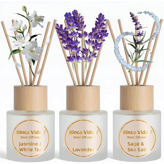 Reed Diffuser Set of 3, Lavender, Jasmine & White Tea, Sage & Sea Salt Natural Scent Oil Diffusers with Sticks for Home Office Bathroom Aromatherapy Decor 1.69oz x 3