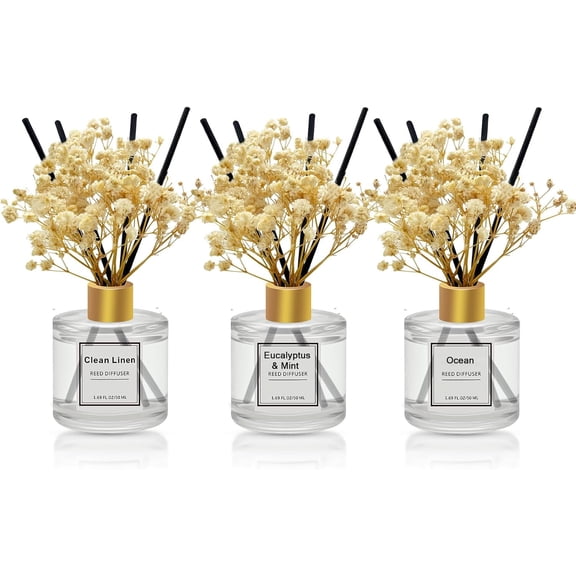 Reed Diffuser Set of 3 Pack,Clean Linen Eucalyptus & Mint Ocean Scented Oil Diffuser with 4 Sticks,Reed Diffusers for Home,Living Room,Bathroom Air Freshener Diffuser,50ml x 3