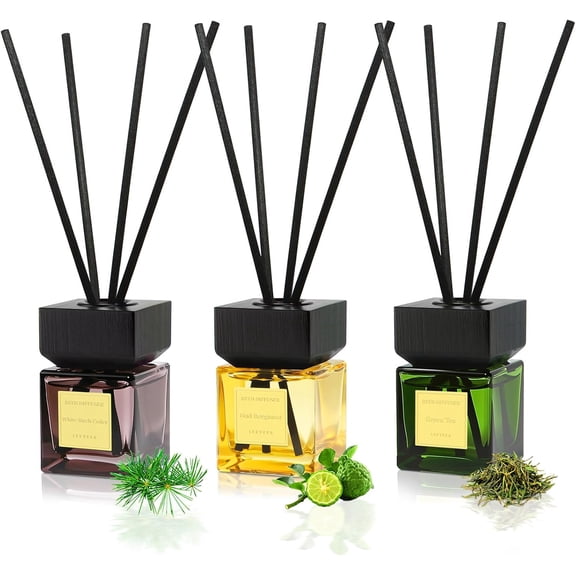 Reed Diffuser Set of 3, White Birch Cedar & Oud Bergamot & Green Tea Tree Essential Oil, 15 Diffuser Sticks, Hotel Collection Bathroom Air Fresheners, 50ml Home Fragrance for Christmas Decor