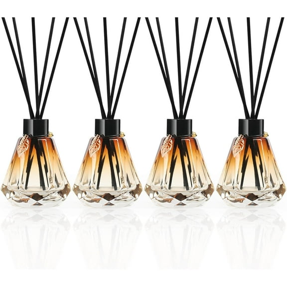 Reed Diffuser Set - 4 Empty Bottles With 20 Sticks, Delicate Gold Leaf Decor, Glass Fragrance Diffuser With Lids for Home, Bathroom | Refillable, Diamond Style Black