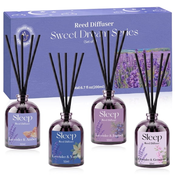 Reed Diffuser Set 4-Pack 6.7oz Total, Lavender Essential Oil Blends in Amber, Vanilla, Juniper & Geranium Scents, Home & Bedroom Fragrance for Sleep Relaxing