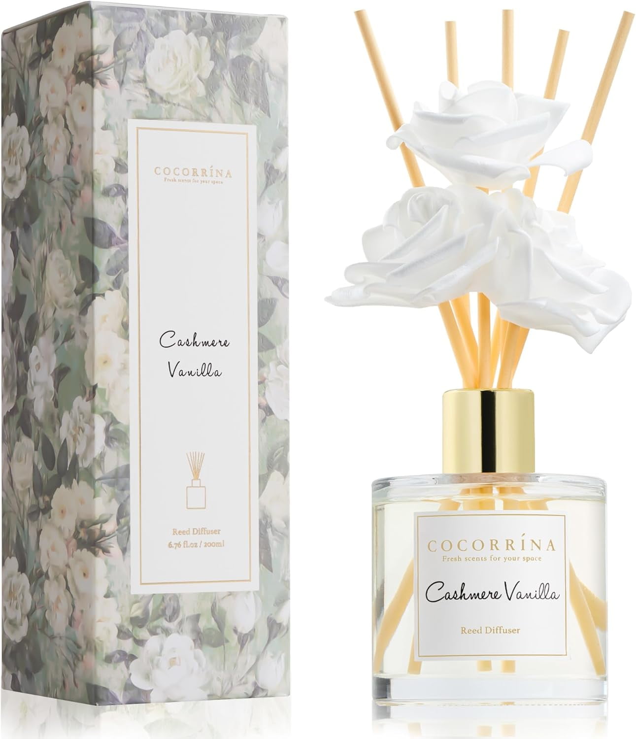 Reed Diffuser Set - 6.7 oz (200ml) Cashmere Vanilla Scent, 3 White Rose ...