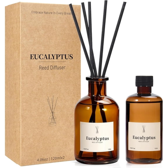 Reed Diffuser Set, 8.12 fl.oz Eucalyptus Scented Diffuser with Sticks, Up to 120 Days, Home Fragrance Reed Diffuser for Bathroom Shelf Decor & Room Freshener, 2 Pack