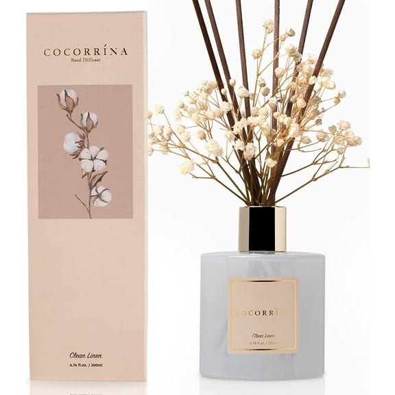 Reed Diffuser Set, Clean Linen 6.7 fl oz Scented with Sticks Home Fragrance for Bathroom Shelf Decor