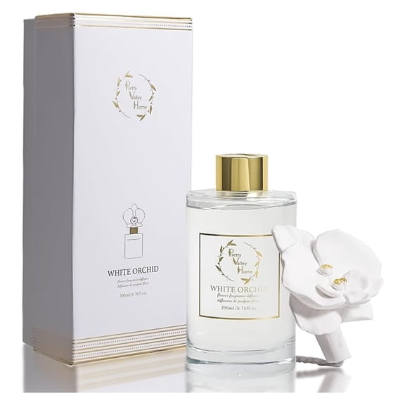 Reed Diffuser Set, White Orchid Ceramic Flower Frangrance Diffuser 6.76 fl. oz / 200ML, Home Reed Diffuser for Bathroom Office Bathroom Living Room Decor