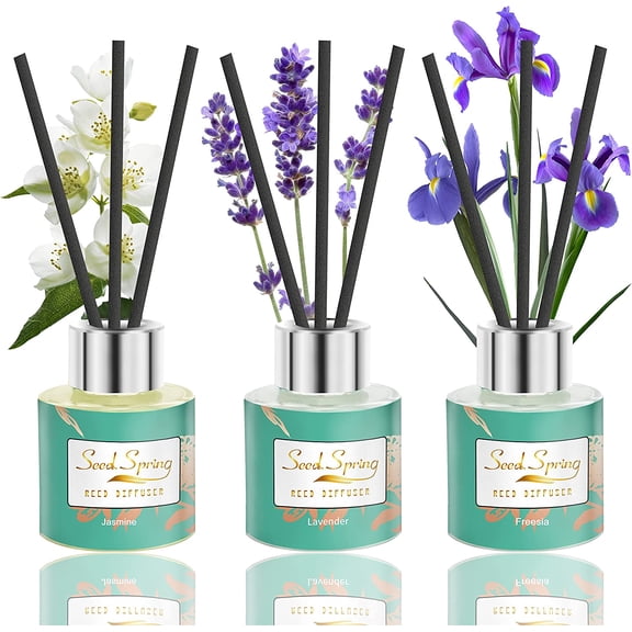 Reed Diffuser Set of 3, Seed Spring Lavender Jasmine Freesia Oil Scent Diffuser Sticks Office Home Fragrance Products 1.7oz x 3