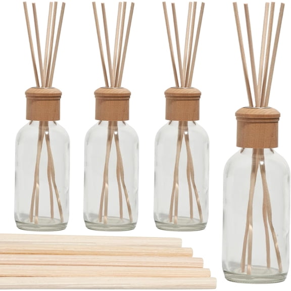 Reed Diffusers for Home - Transparent Glass with Wooden Top - Elegant Empty Design - Ideal Bathroom Diffuser - 4 Pieces - Stable and Artistic Base - Oil Stick Diffuser - 4.9 x 1.9 in
