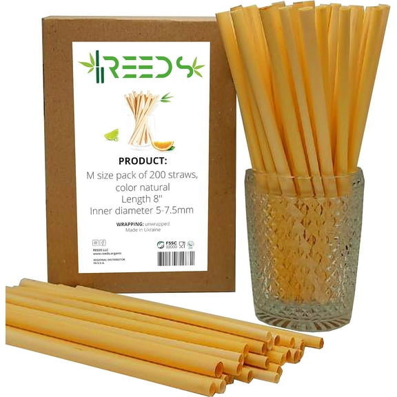 Reed Drinking Straws, Ecological, Biodegradable, 100% Plant-based, Single-use, Similar to Bamboo, for Smoothies, Milkshakes, Frozen & Signature Cocktails, Hot Tea, Coffee, 200 ct. Tall 8 inch, Medium