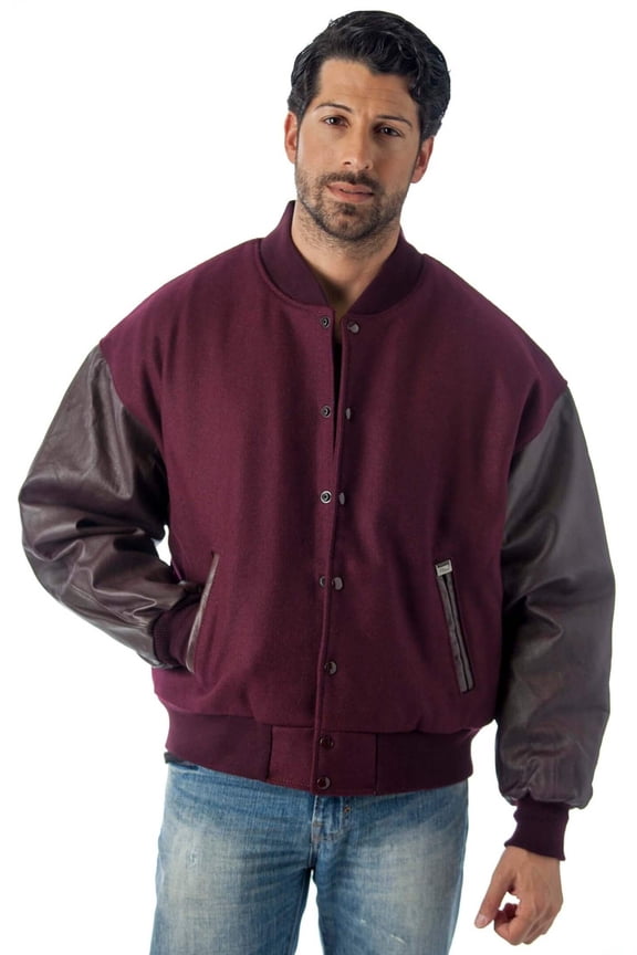 Men's Premium Varsity Leather/wool Jacket Made in USA (6XT, Burgundy)