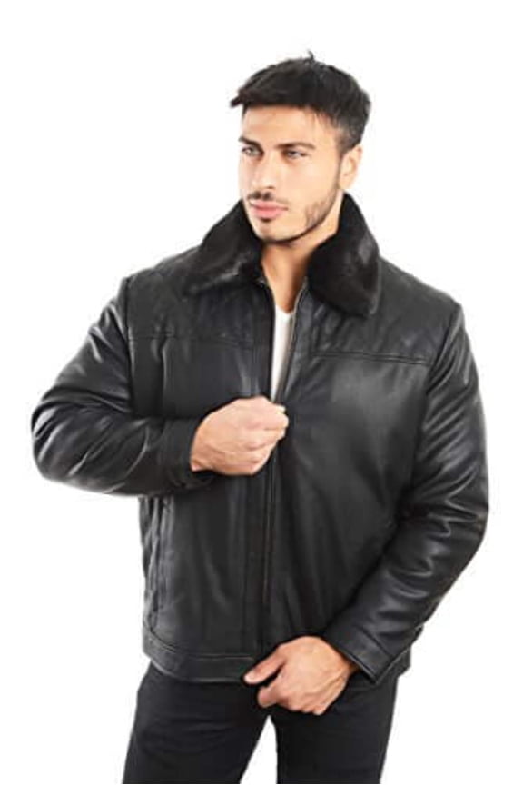 Men's Smooth Lamb Touch Faux Leather Detachable Fur Collar Classic Jacket (5X, Black)