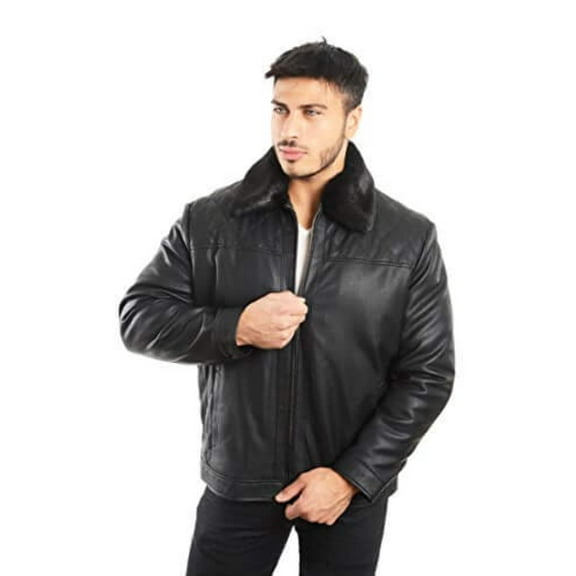 Reed Men's Smooth Lamb Touch Faux Leather Detachable Fur Collar Classic Jacket (LT, Black)