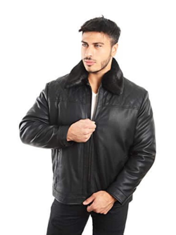 Men's Smooth Lamb Touch Faux Leather Detachable Fur Collar Classic Jacket (XLT, Black)