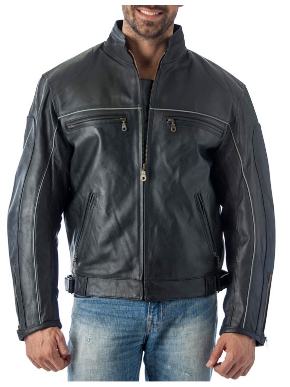 Mens Vented Leather Motorcycle Jacket with Light Reflector (Large-Tall)