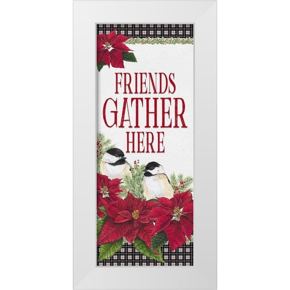 Reed, Tara 10x18 White Modern Wood Framed Museum Art Print Titled - Chickadee Christmas Red-Friends Gather vertical