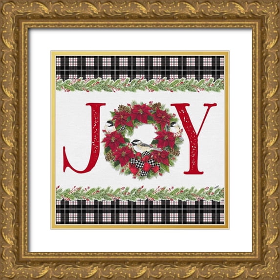 Reed, Tara 12x12 Gold Ornate Wood Framed with Double Matting Museum Art Print Titled - Chickadee Christmas Red I Joy