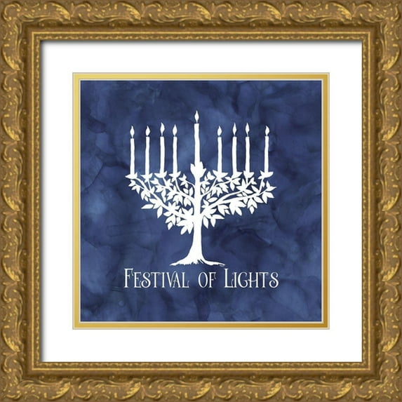 Reed, Tara 12x12 Gold Ornate Wood Framed with Double Matting Museum Art Print Titled - Festival of Lights blue IV-Menorah
