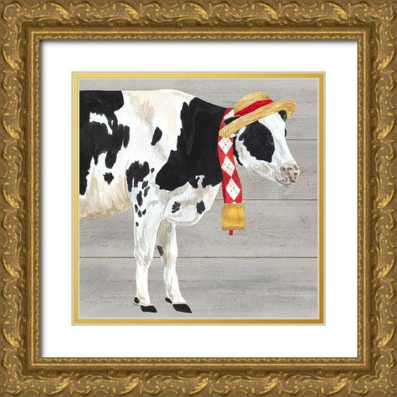 Reed, Tara 12x12 Gold Ornate Wood Framed with Double Matting Museum Art Print Titled - Intellectual Animals I Cow and Bell
