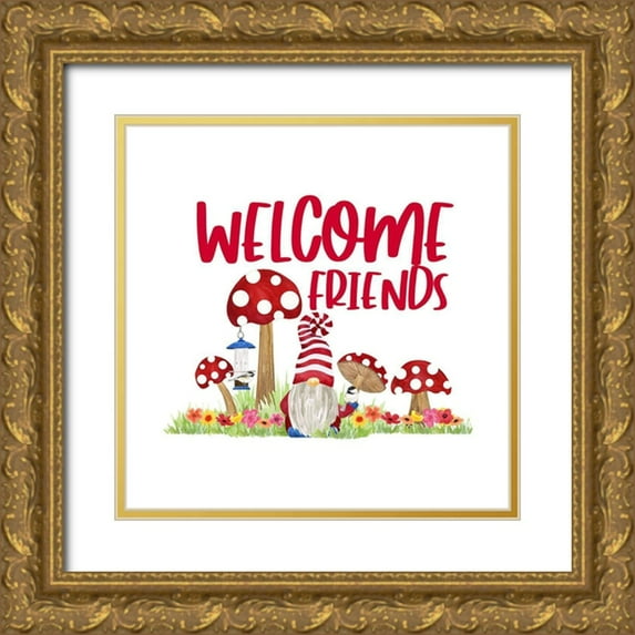 Reed, Tara 15x15 Gold Ornate Wood Framed with Double Matting Museum Art Print Titled - Gardening Gnomes Sentiment IV-Welcome Friends