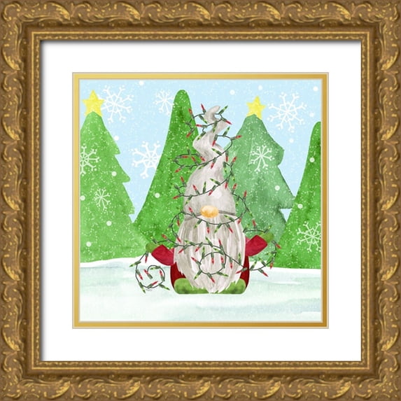 Reed, Tara 15x15 Gold Ornate Wood Framed with Double Matting Museum Art Print Titled - Gnome for Christmas blue III-Gnome Lights