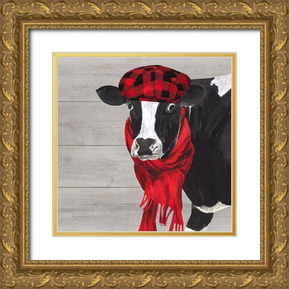 Reed, Tara 15x15 Gold Ornate Wood Framed with Double Matting Museum Art Print Titled - Intellectual Animals III Cow and Scarf