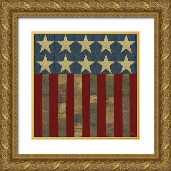 Reed, Tara 15x15 Gold Ornate Wood Framed with Double Matting Museum Art Print Titled - Patriotic Printer Block Flag