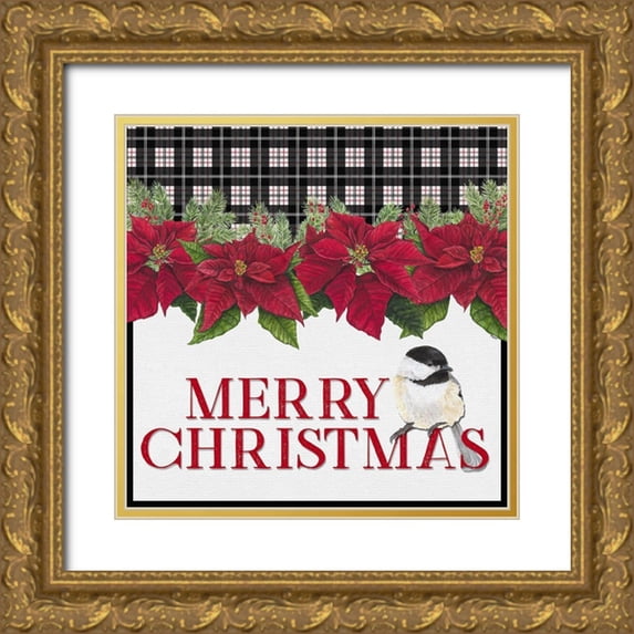 Reed, Tara 20x20 Gold Ornate Wood Framed with Double Matting Museum Art Print Titled - Chickadee Christmas Red II Merry Christmas