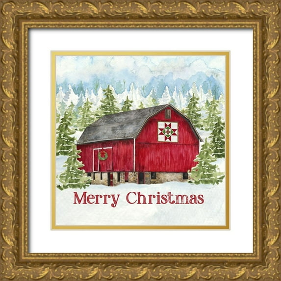 Reed, Tara 20x20 Gold Ornate Wood Framed with Double Matting Museum Art Print Titled - Christmas Barn III