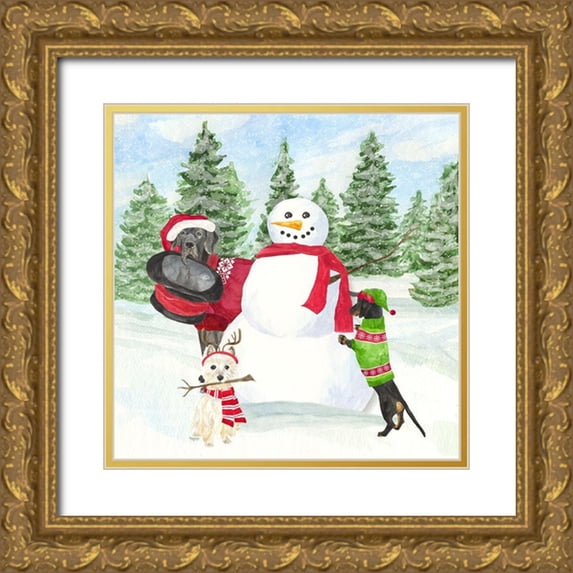 Reed, Tara 20x20 Gold Ornate Wood Framed with Double Matting Museum Art Print Titled - Dog Days of Christmas I-Building Snowman