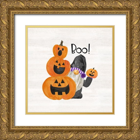 Reed, Tara 20x20 Gold Ornate Wood Framed with Double Matting Museum Art Print Titled - Gnomes of Halloween Sentiment II-Boo