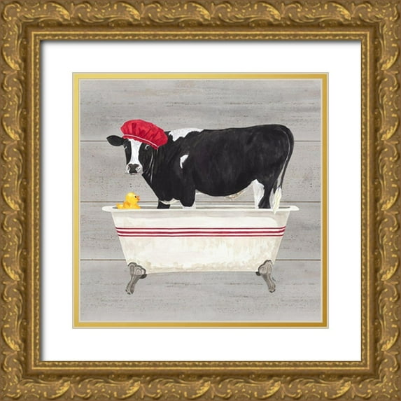Reed, Tara 26x26 Gold Ornate Wood Framed with Double Matting Museum Art Print Titled - Bath time for Cows Tub