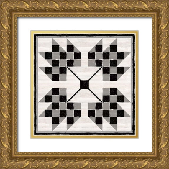 Reed, Tara 26x26 Gold Ornate Wood Framed with Double Matting Museum Art Print Titled - Black and White Quilt Block V