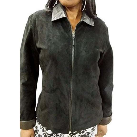 Reed® Women's 26'' Dressy Suede Leather Jacket With Lamb Leather Trim (Large, Black)